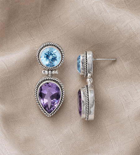Simply Savvy Bali Artisan Sterling Silver Amethyst & Blue Topaz Dual-Stone Drop Earrings – 925 Luxury Jewelry