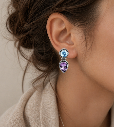 Simply Savvy Bali Artisan Sterling Silver Amethyst & Blue Topaz Dual-Stone Drop Earrings – 925 Luxury Jewelry