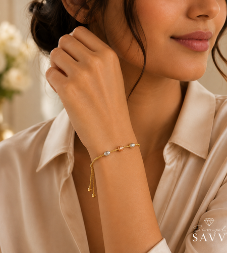 14k Tri-Color Gold Textured Oval Station Lariat Style Bracelet (1.20 mm)