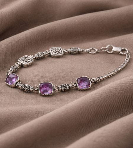 Bali Artisan Sterling Silver Amethyst Bracelet – Handcrafted 925 Silver Luxury Gemstone Link Bracelet