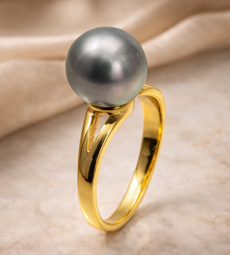Golden Green Tahitian Pearl Ring 10–11mm | Adjustable Sterling Silver)