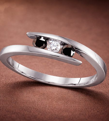 Midnight Contrast Diamond Ring-Sterling Silver Black & White Diamond Three-Stone Ring – 1/4 CTW