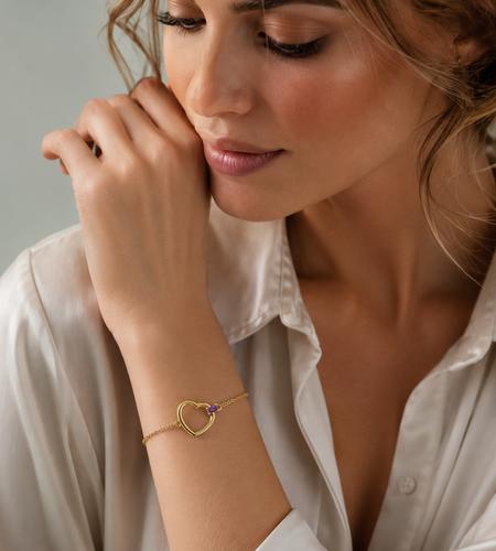 14K Yellow Gold Amethyst Baguette Heart Bracelet – 7 Inches