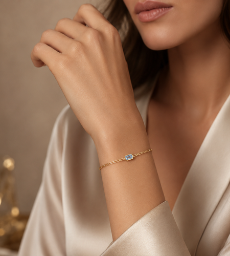 14K Yellow Gold Blue Topaz Paperclip Bracelet, 7"