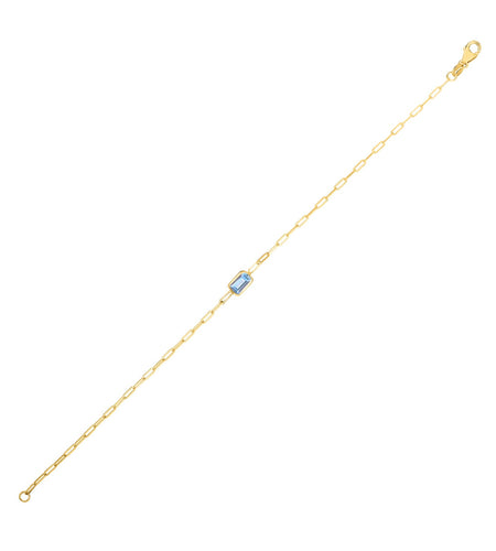 14K Yellow Gold Blue Topaz Paperclip Bracelet, 7"