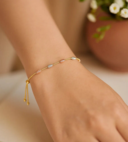 14k Tri-Color Gold Textured Oval Station Lariat Style Bracelet (1.20 mm)