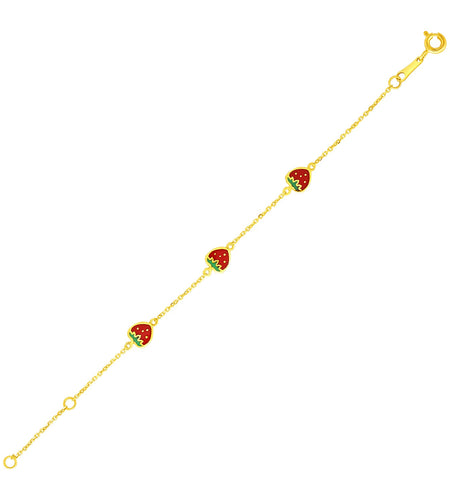 14K Yellow Gold Children’s Enamel Strawberry Bracelet, 5.5"