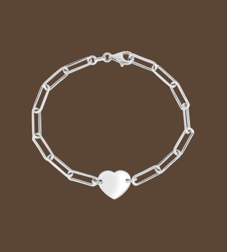 Sterling Silver Rhodium-Plated Engravable Heart Paperclip Bracelet