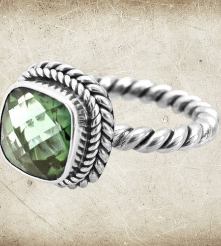 Sage Green Amethyst Quartz Sterling Silver Rope Band Bali Ring
