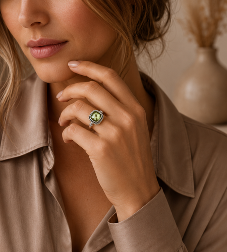 Sage Green Amethyst Quartz Sterling Silver Rope Band Bali Ring