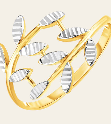 14K Two-Tone Gold Textured Leaf Crossover Ring