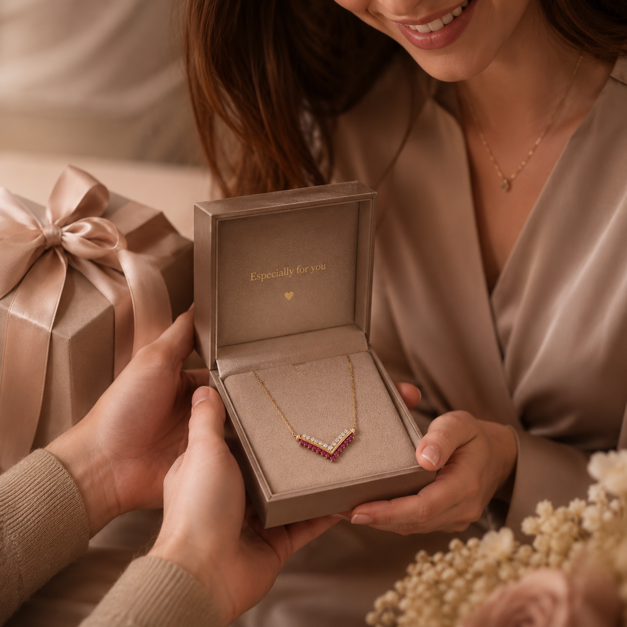 Ruby & Diamond Accent Chevron Necklace | 14K Gold Plated Designer Style