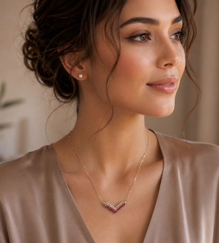 Ruby & Diamond Accent Chevron Necklace | 14K Gold Plated Designer Style