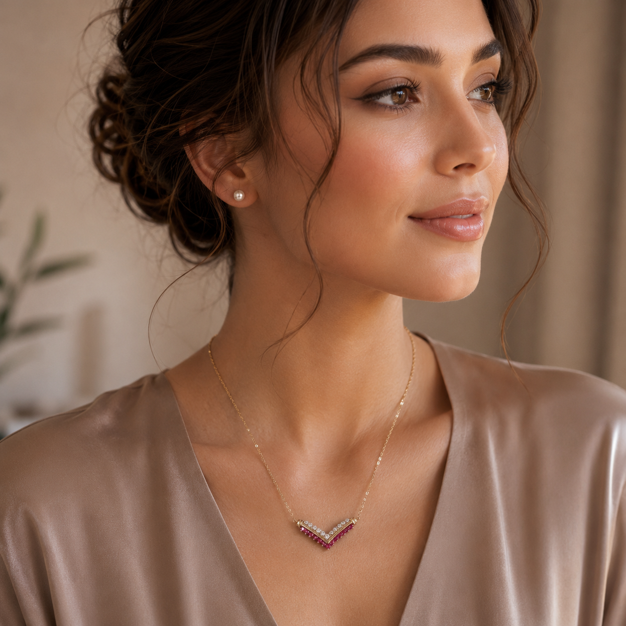 Ruby & Diamond Accent Chevron Necklace | 14K Gold Plated Designer Style