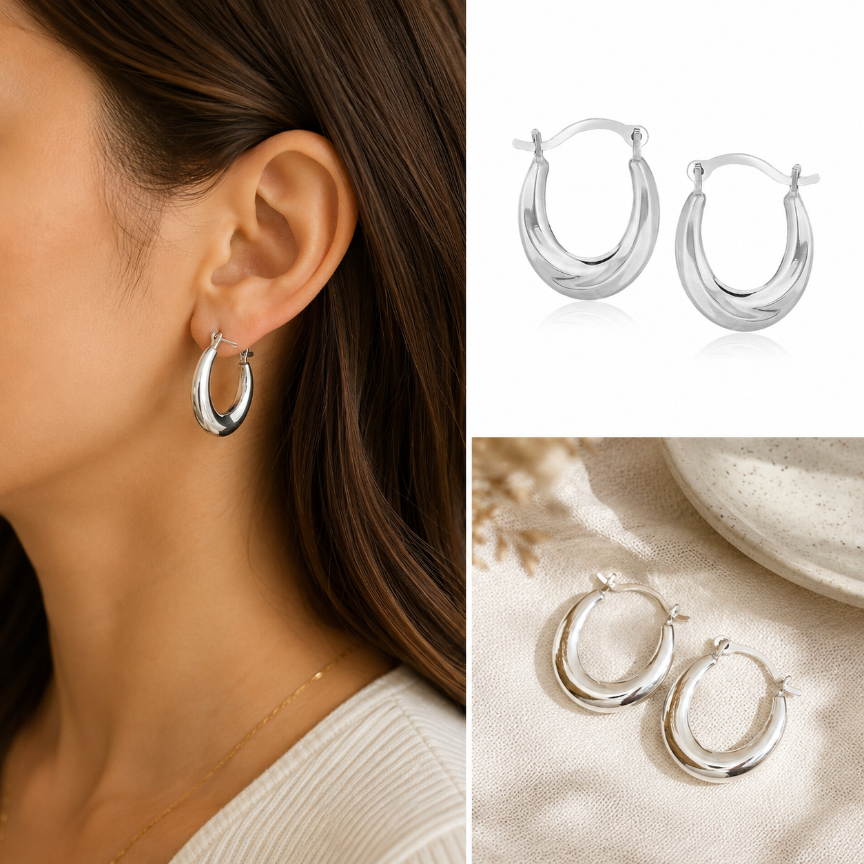10K White Gold Oval Hoop Earrings