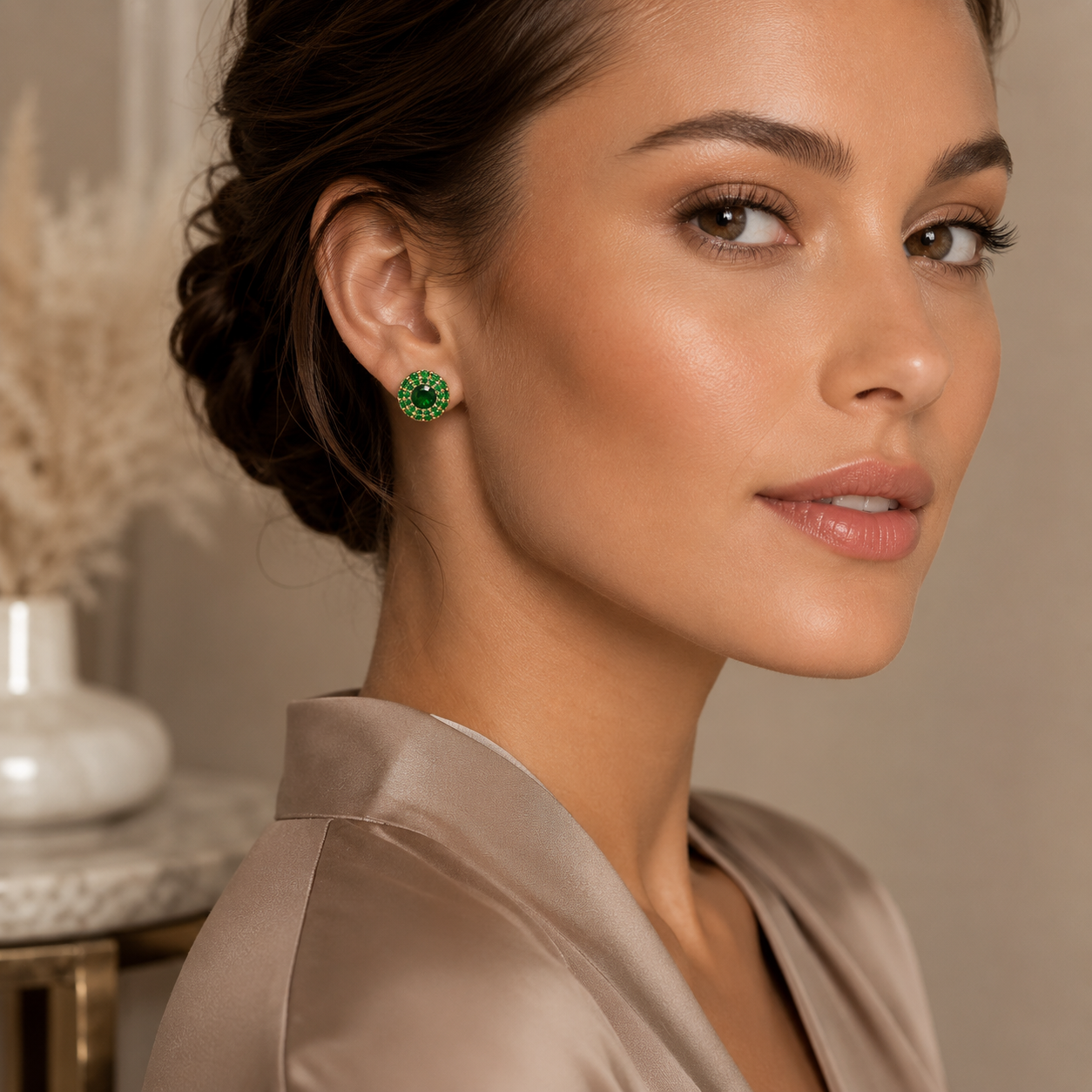 Emerald Halo Luxe Stud Earrings | Sterling Silver & 18K Gold Overlay