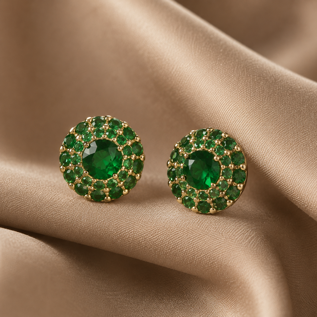 Emerald Halo Luxe Stud Earrings | Sterling Silver & 18K Gold Overlay