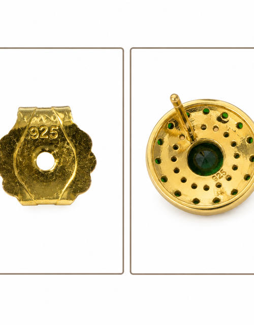 Load image into Gallery viewer, Emerald Halo Luxe Stud Earrings | Sterling Silver &amp; 18K Gold Overlay
