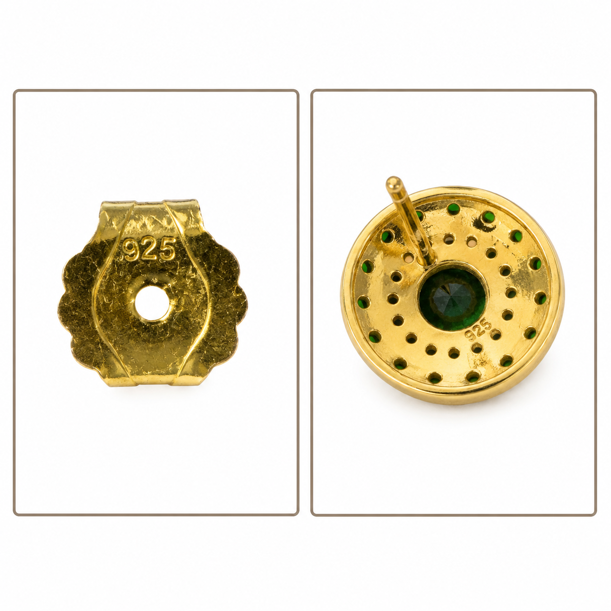 Emerald Halo Luxe Stud Earrings | Sterling Silver & 18K Gold Overlay