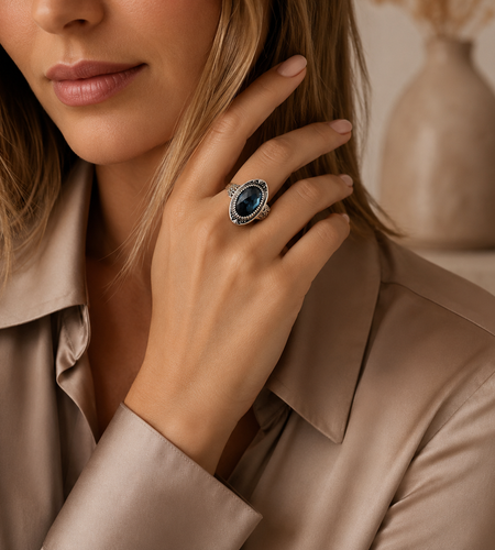 Midnight Bali - London Blue Topaz Quartz Balinese SS Statement Ring