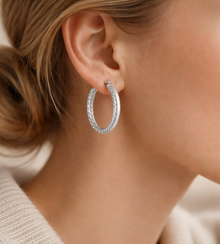 Sterling Silver “Dual Twist Luxe Hoops” Earrings – Braided & Polished Medium Hoops