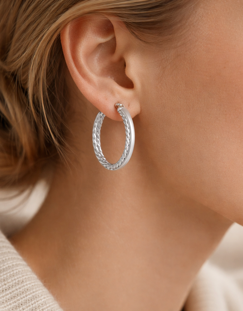 Load image into Gallery viewer, Sterling Silver “Dual Twist Luxe Hoops” Earrings – Braided &amp; Polished Medium Hoops
