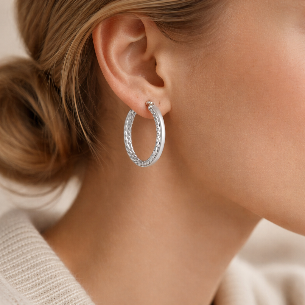 Sterling Silver “Dual Twist Luxe Hoops” Earrings – Braided & Polished Medium Hoops