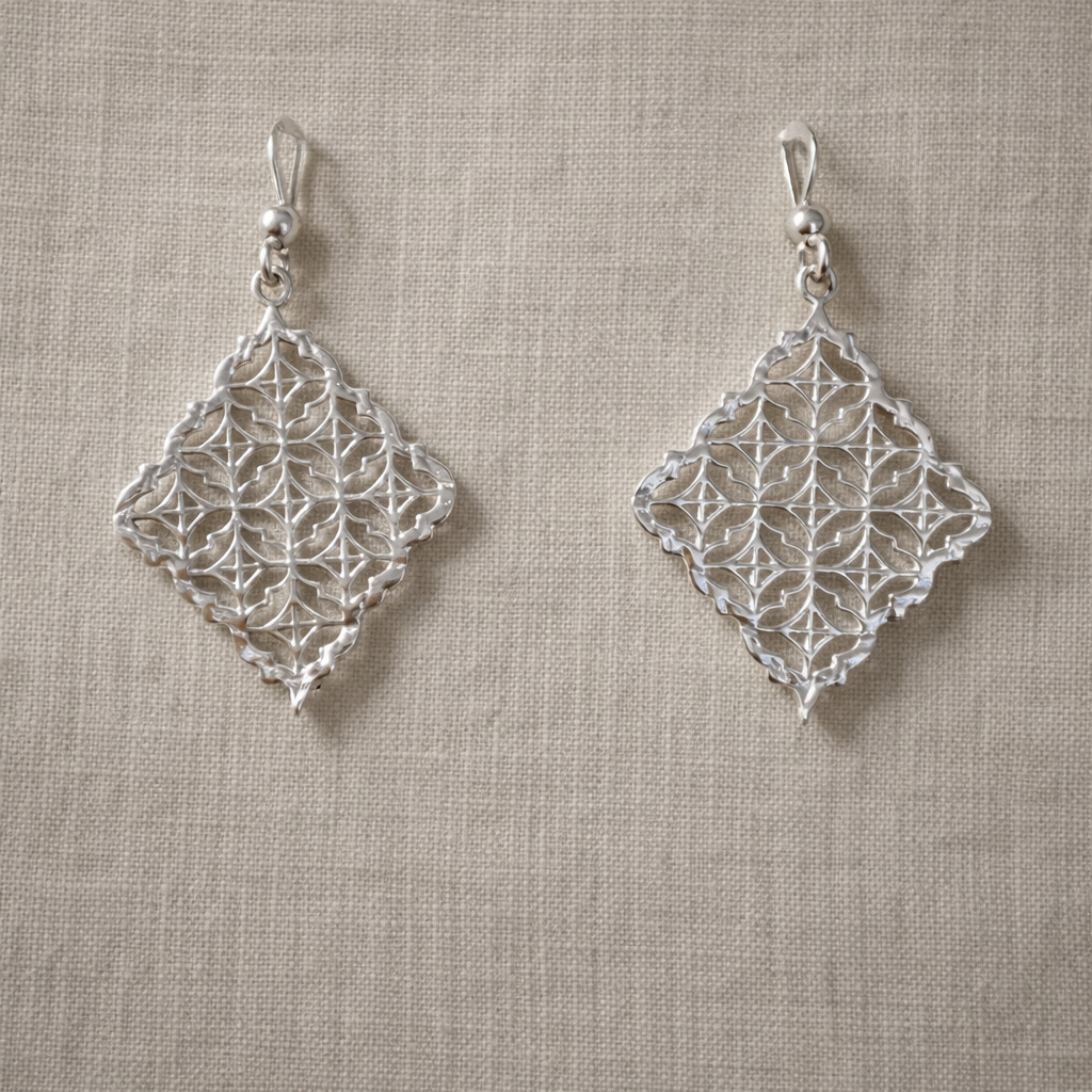 925 Sterling Silver “Ornate Filigree Diamond Drops” Earrings