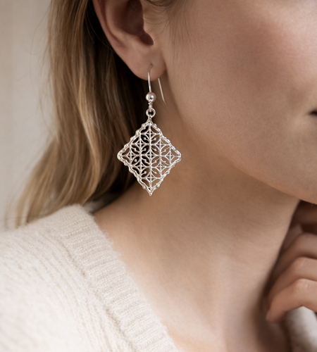 925 Sterling Silver “Ornate Filigree Diamond Drops” Earrings