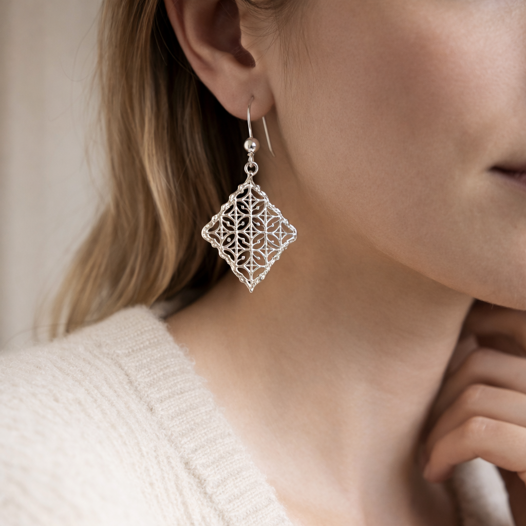 925 Sterling Silver “Ornate Filigree Diamond Drops” Earrings