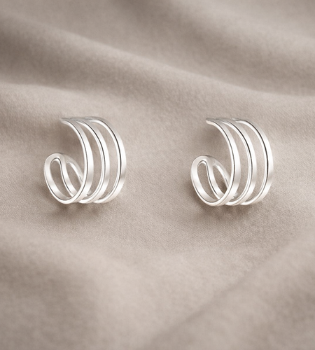 925 Sterling Silver "Mini Triple Curve Stud Hoop" Earrings