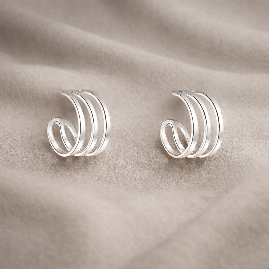 925 Sterling Silver "Mini Triple Curve Stud Hoop" Earrings