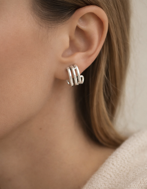 Load image into Gallery viewer, 925 Sterling Silver "Mini Triple Curve Stud Hoop" Earrings
