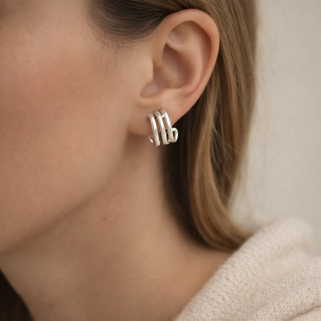 925 Sterling Silver "Mini Triple Curve Stud Hoop" Earrings