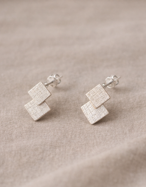 Load image into Gallery viewer, 925 Sterling Silver Mini Matte Double Square Stud Earrings
