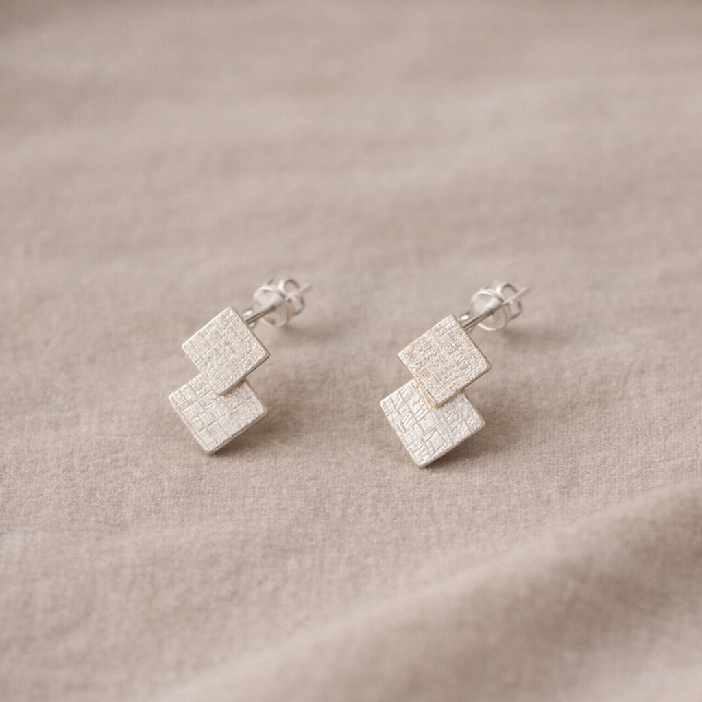 925 Sterling Silver Mini Matte Double Square Stud Earrings