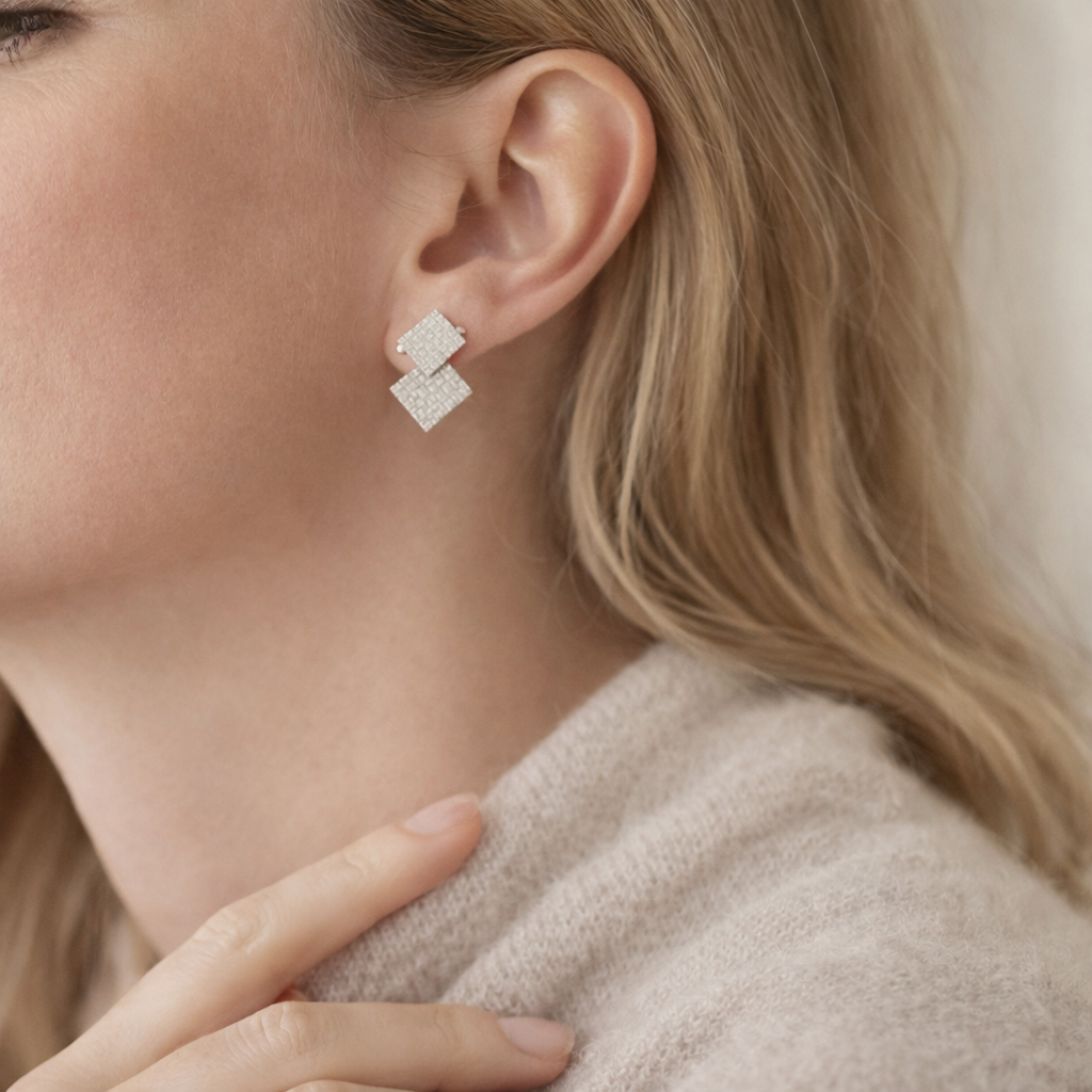 925 Sterling Silver Mini Matte Double Square Stud Earrings