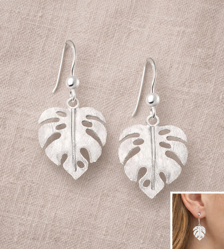 925 Sterling Silver “Tropical Monstera Leaf” Drop Earrings