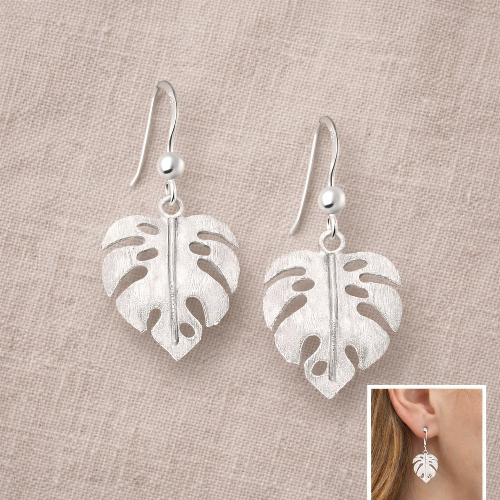 925 Sterling Silver “Tropical Monstera Leaf” Drop Earrings