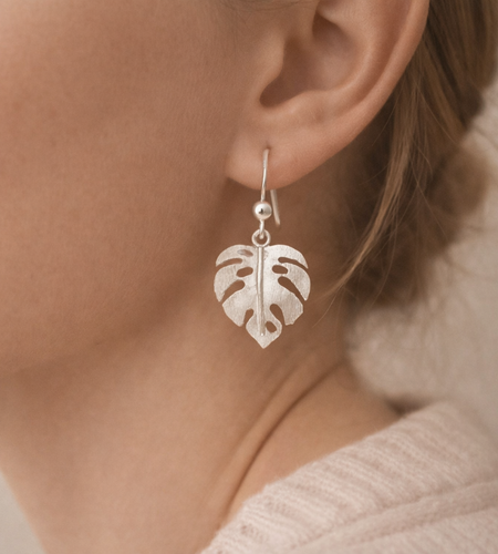 925 Sterling Silver “Tropical Monstera Leaf” Drop Earrings