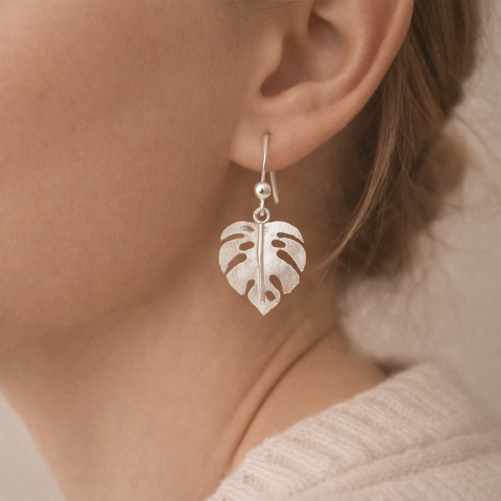 925 Sterling Silver “Tropical Monstera Leaf” Drop Earrings