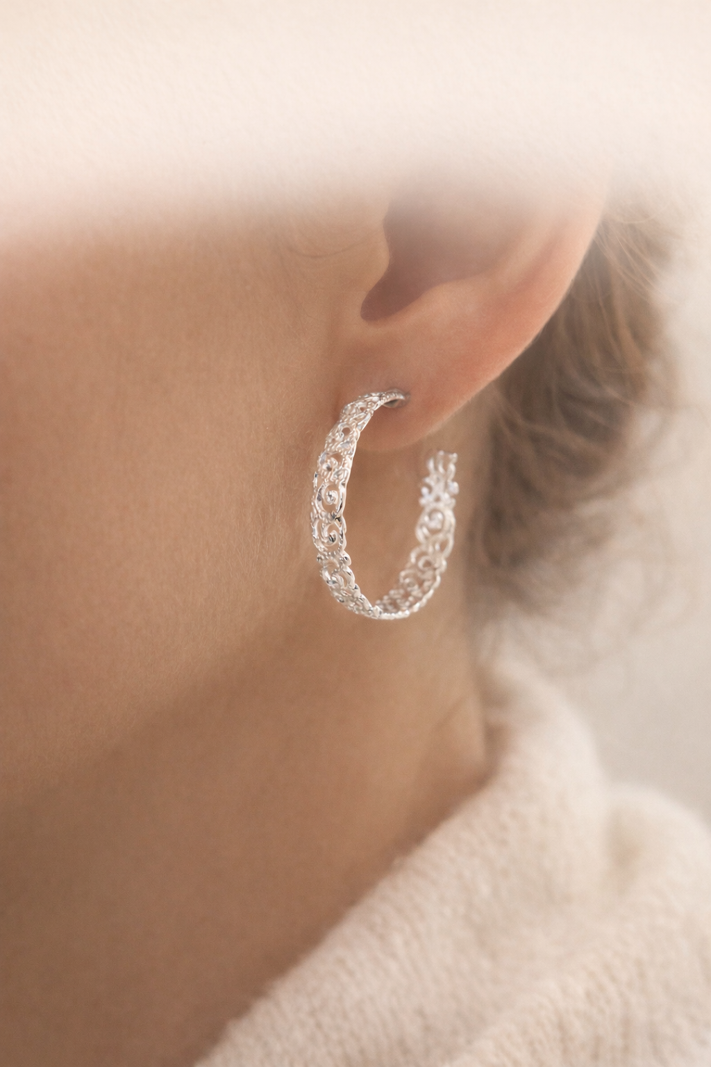 925 Sterling Silver “Ornate Swirl Hoop” Earrings