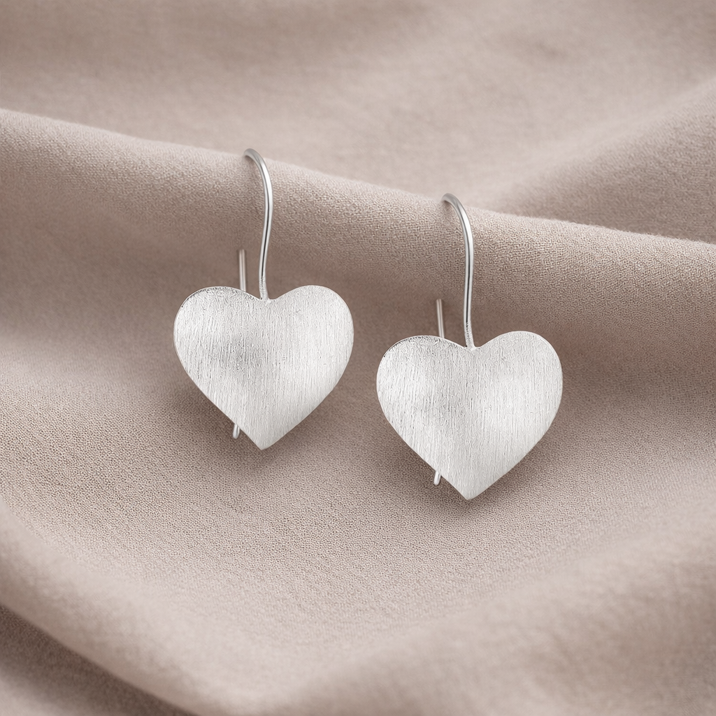 925 Sterling Silver Matte Heart Drop Earrings