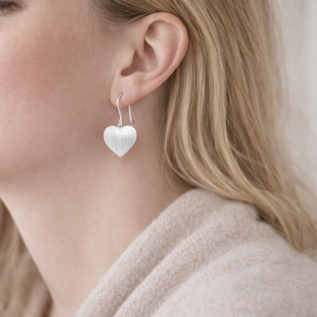 925 Sterling “Matte Silver Heart Drop Earrings”