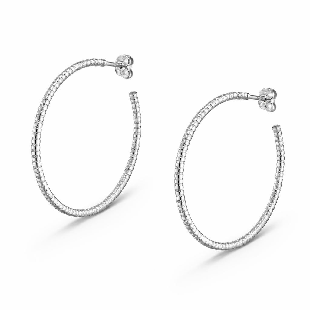 925 Sterling Silver “Textured Silver Statement Hoop” Earrings – 1.6”