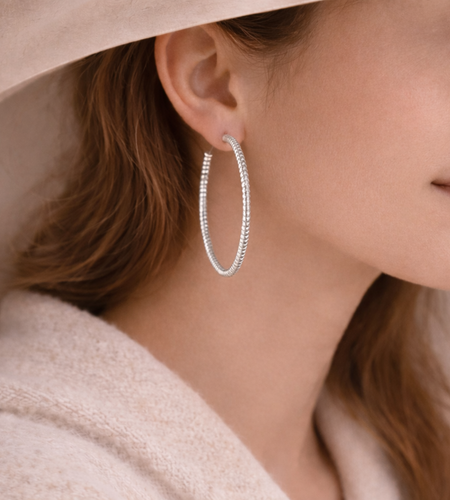 925 Sterling Silver “Textured Silver Statement Hoop” Earrings – 1.6”