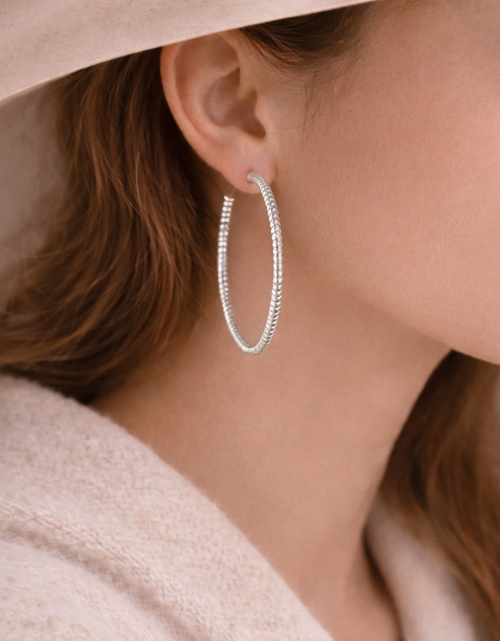 Load image into Gallery viewer, 925 Sterling Silver “Textured Silver Statement Hoop” Earrings – 1.6”
