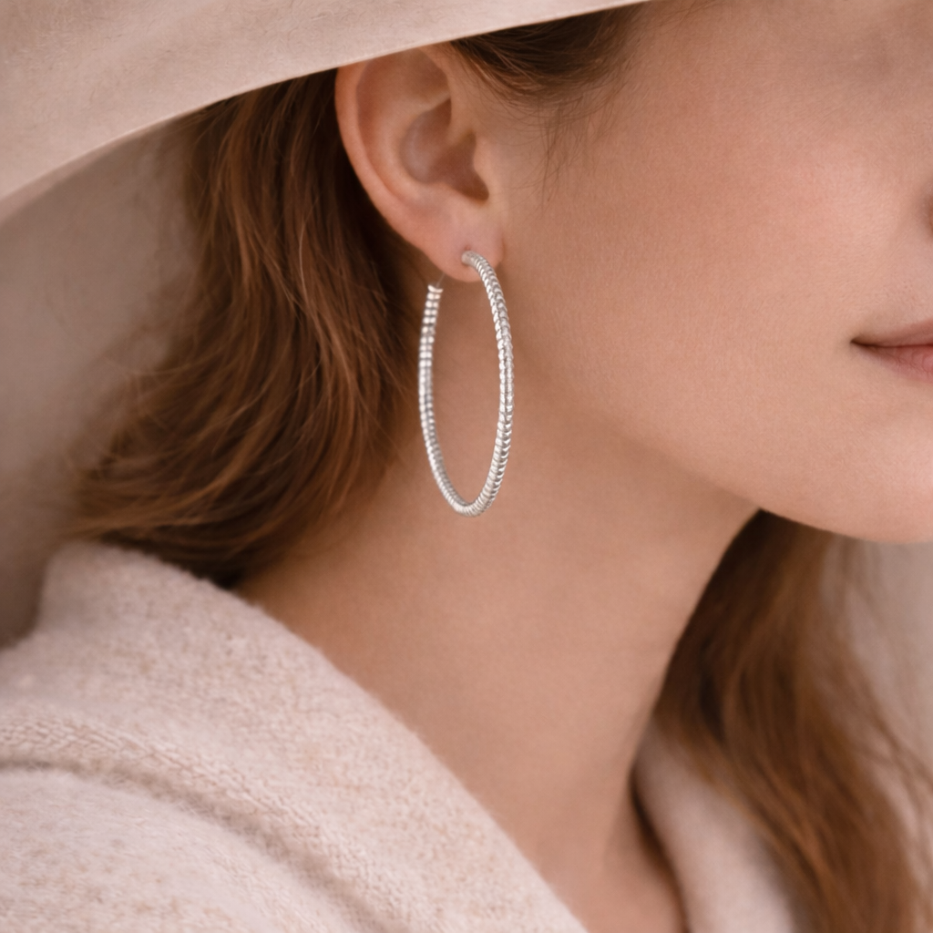 925 Sterling Silver “Textured Silver Statement Hoop” Earrings – 1.6”