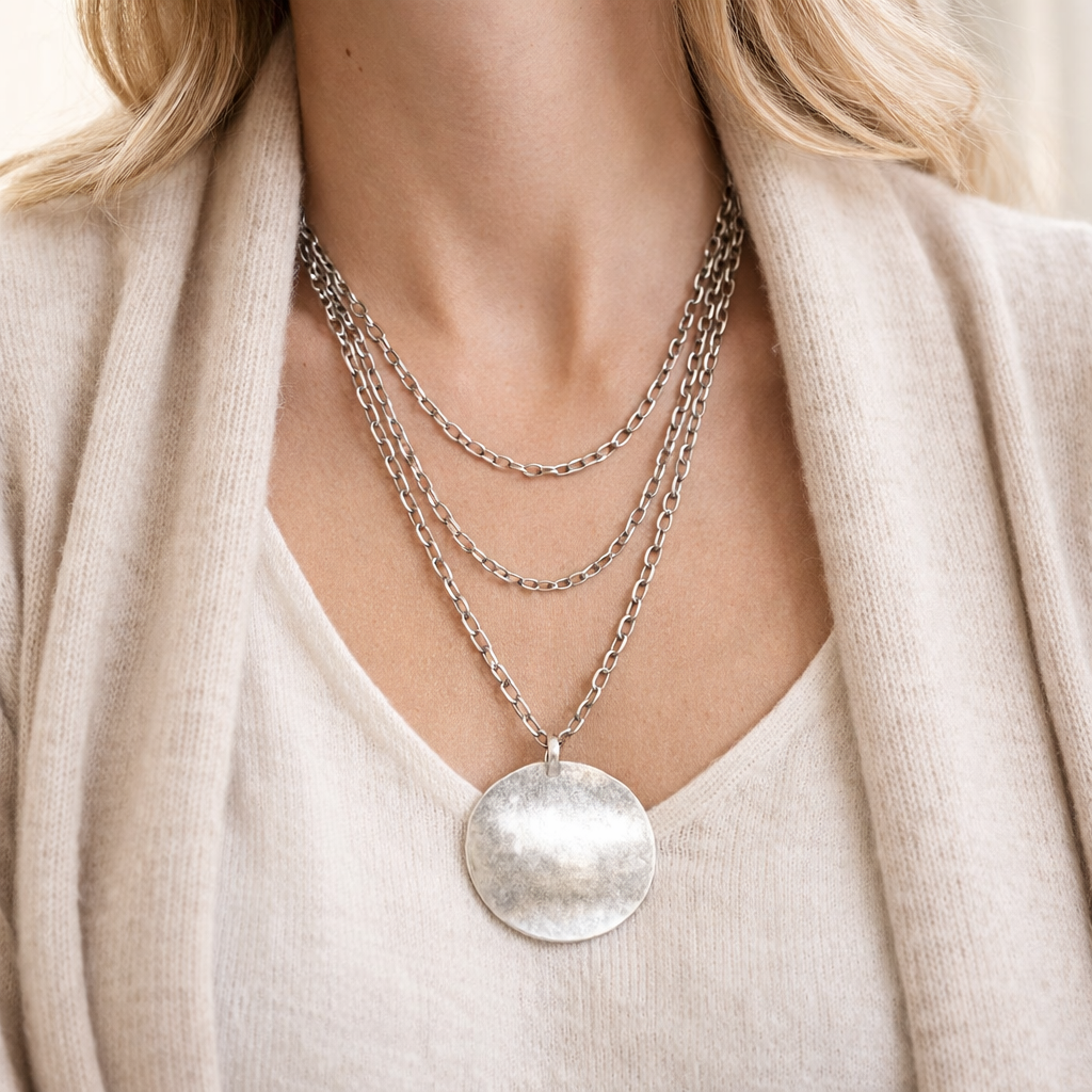 Pre-Owned Silpada Hammered Pendant Multi-Chain Necklace - Retired Design