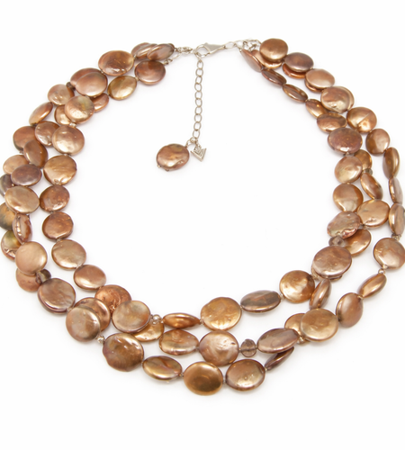 Pre-Owned Silpada Bronze Coin Pearl 3-Strand Necklace - Retired Design
